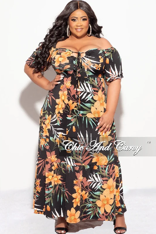 Final Sale Plus Size Short Sleeve Tiered Maxi Dress in Black Floral Print