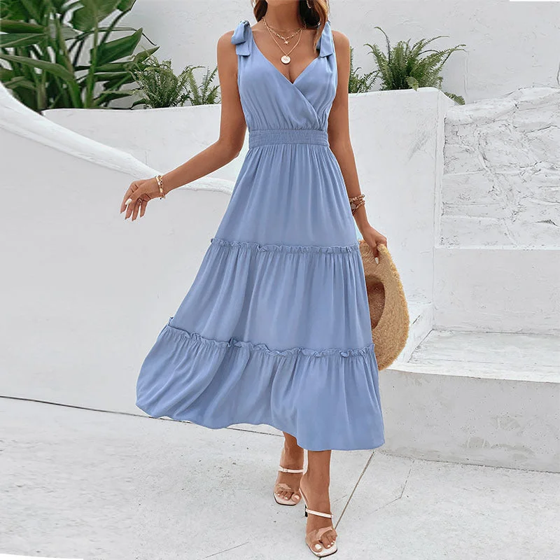 Cross-back Sleeveless Solid Color Spaghetti Strap High Waist Maxi Dress