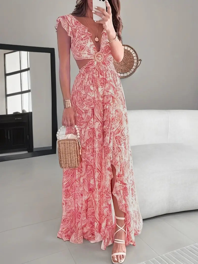 Cut-Out Waist Design Elegant Floral Maxi Dress