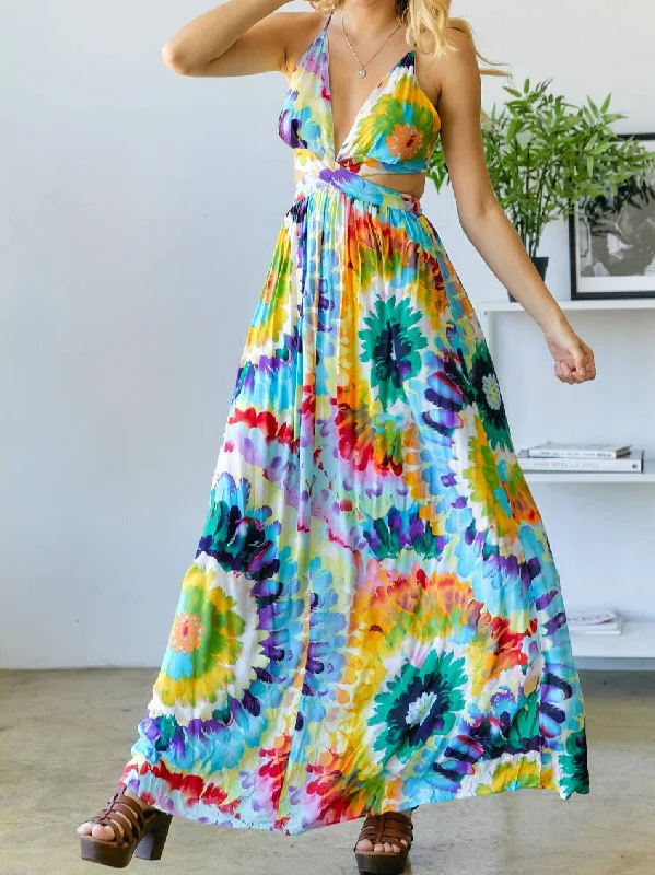 Colorful Floral Print Tie-Dye  Maxi Dress