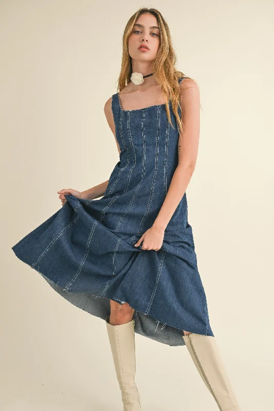 Dark Wash Denim Paneled Maxi Dress