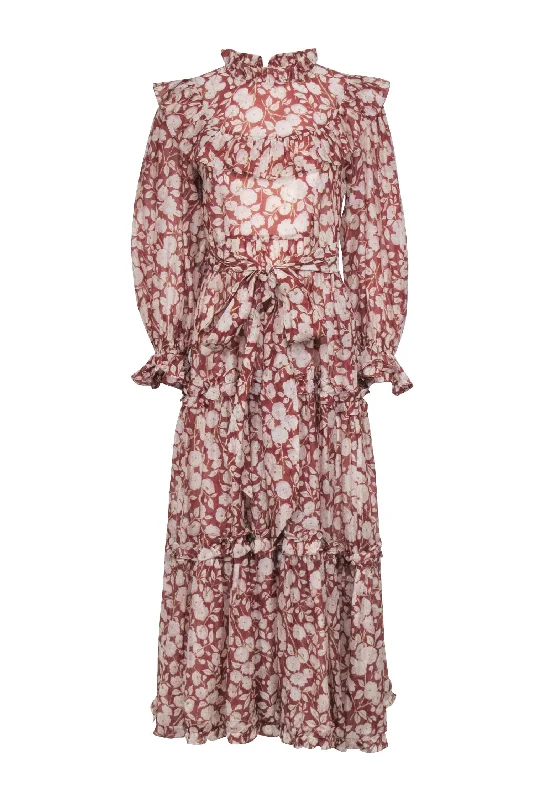 Doen - Rust Red & Cream Floral Print Long Sleeve Maxi Dress Sz M