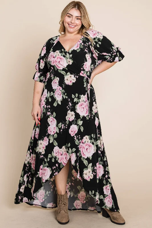 Plus Floral Faux Wrap High Low Maxi Dress