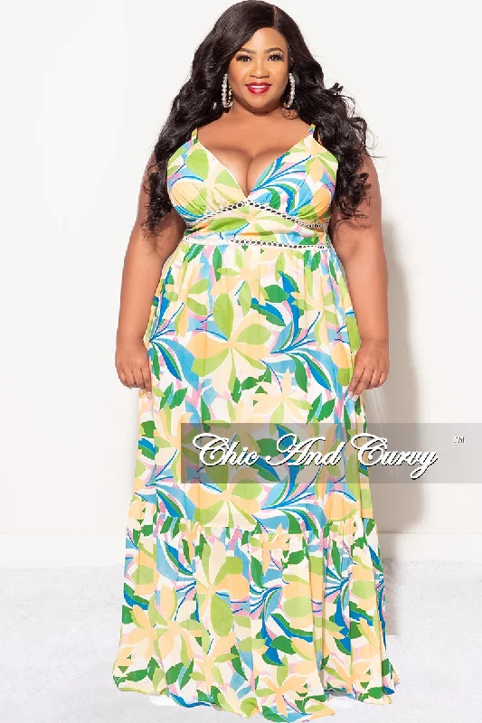 Final Sale Plus Size Sleeveless Tiered Maxi Dress In Yellow and Green Floral Multi Color Print