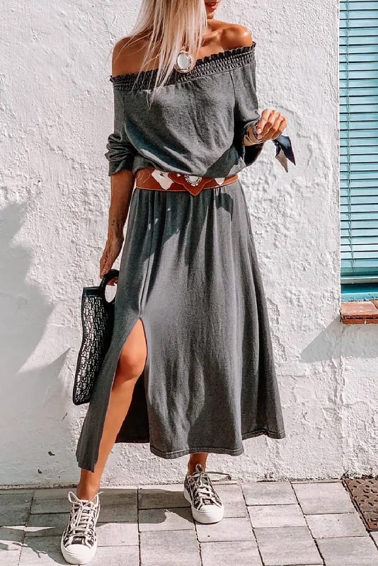 Gray Off Shoulder Maxi Dress with Split