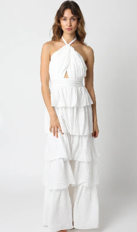 Halter Ruffle Tier Maxi Dress White