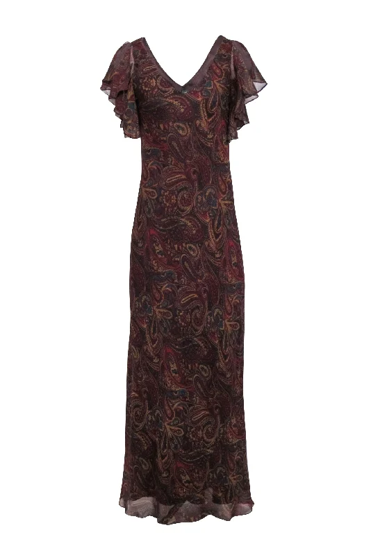 Lauren Ralph Lauren - Maroon, Teal & Tan Paisley Print Sleeveless Maxi Dress Sz 10