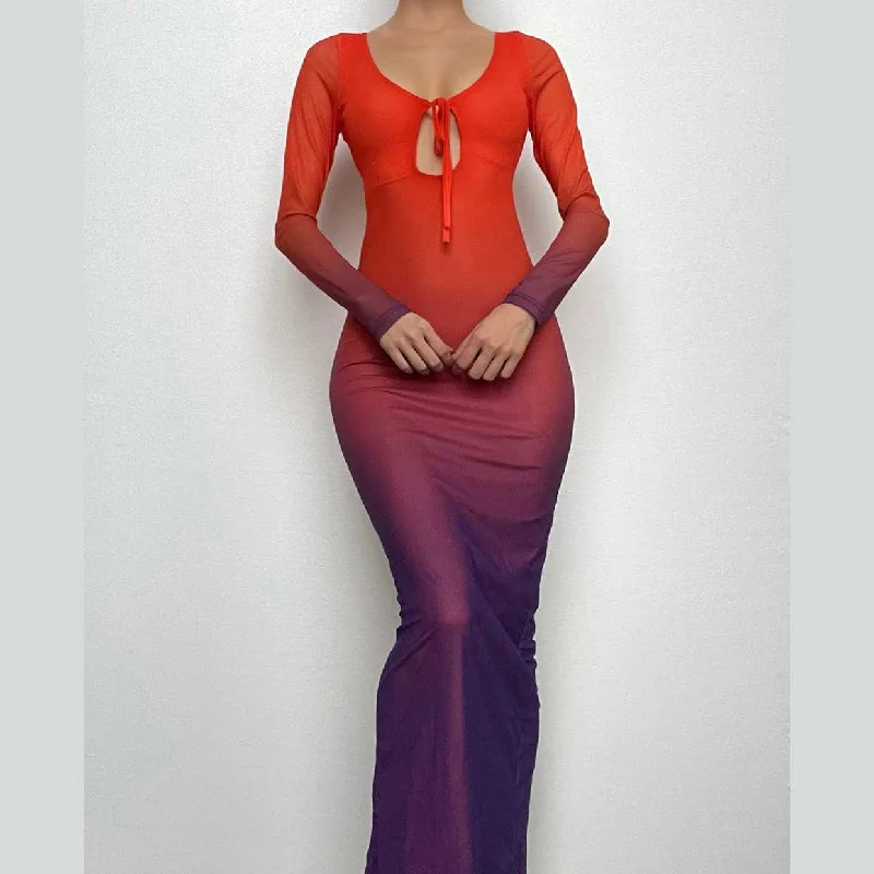 Mesh gradient long sleeve self tie backless slit maxi dress