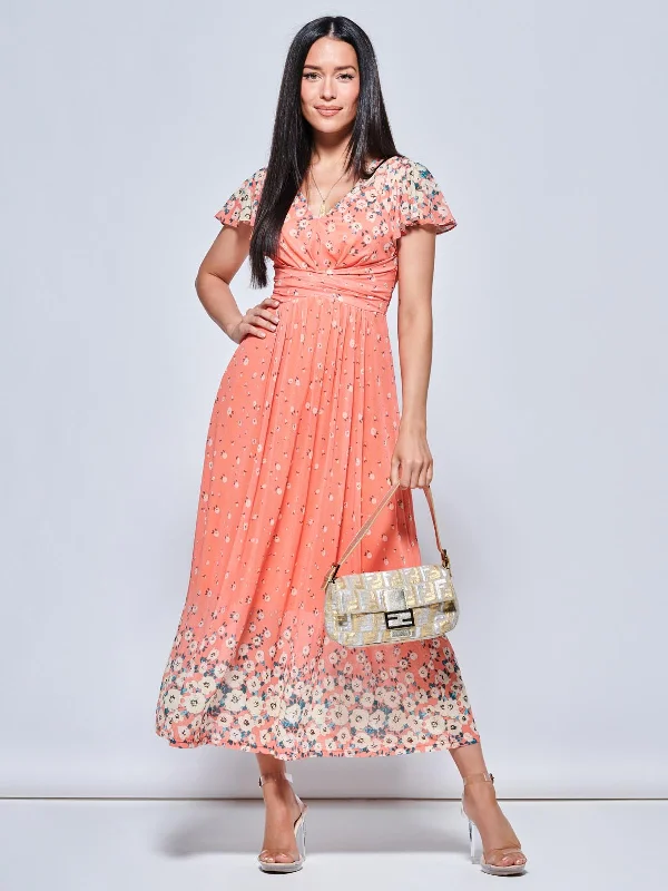 Mirrored Floral Print Mesh Maxi Dress, Orange Multi