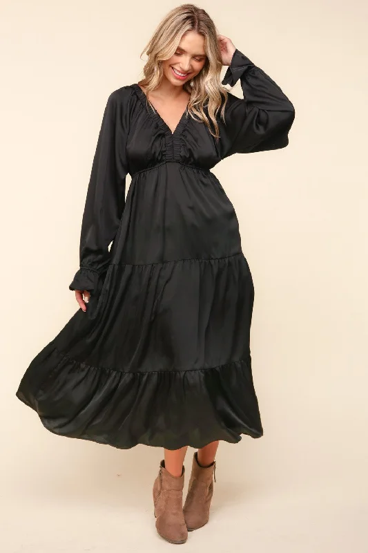 Plus Satin Babydoll Elastic Bubble Long Sleeve Tiered Maxi Dress