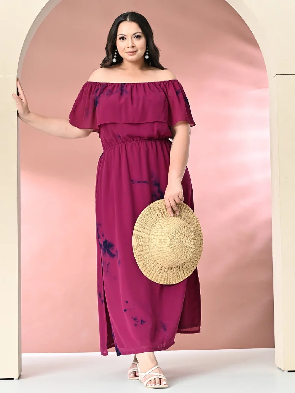 Plus Size Wine Off Shoulder Georgette Maxi Dress