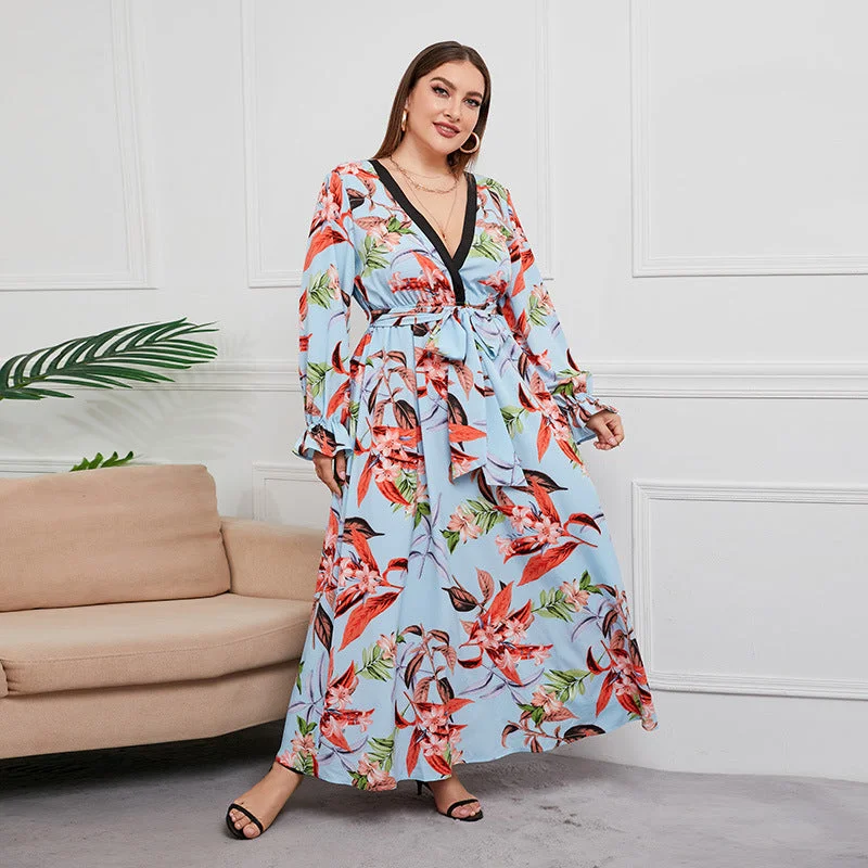 Plus Size Spring Autumn  Waist-Controlled Large Hem Maxi Dress V-neck Plant Floral Print Maxi Dress