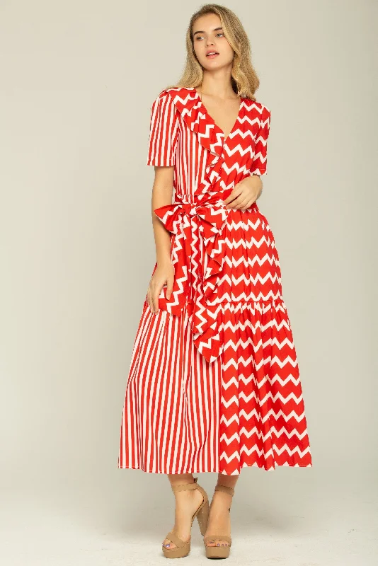 Red and White Stripes Layered Maxi Dress