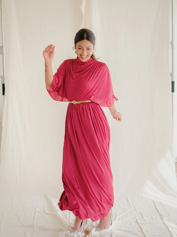 Vintage Chiffon Red High Neckline Maxi Dress