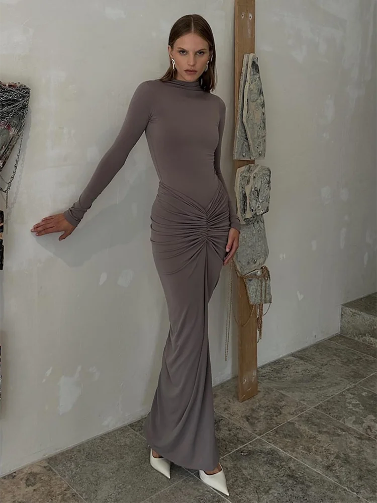 Ruched Mock Neck Maxi Dress Solid Color Bodycon Long Sleeve Pleated Draped Casual Slim Fit Autumn Winter Office Siren Dresses