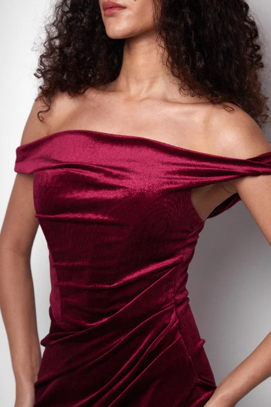 Simmi-O Oxblood Velvet Off-The-Shoulder Maxi Dress