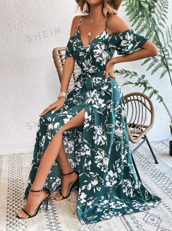 Maxi Dress VCAY Summer Woman Floral Print Cold Shoulder Wrap Hem Belted Dress