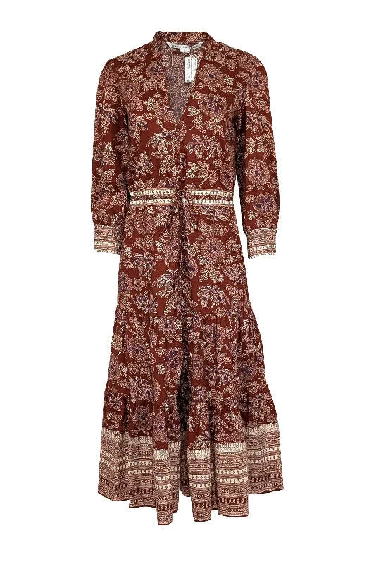 Veronica Beard - Rust Red & Cream Print Mid Maxi Dress Sz 2