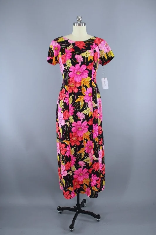 Vintage Pink & Black Hawaiian Maxi Dress