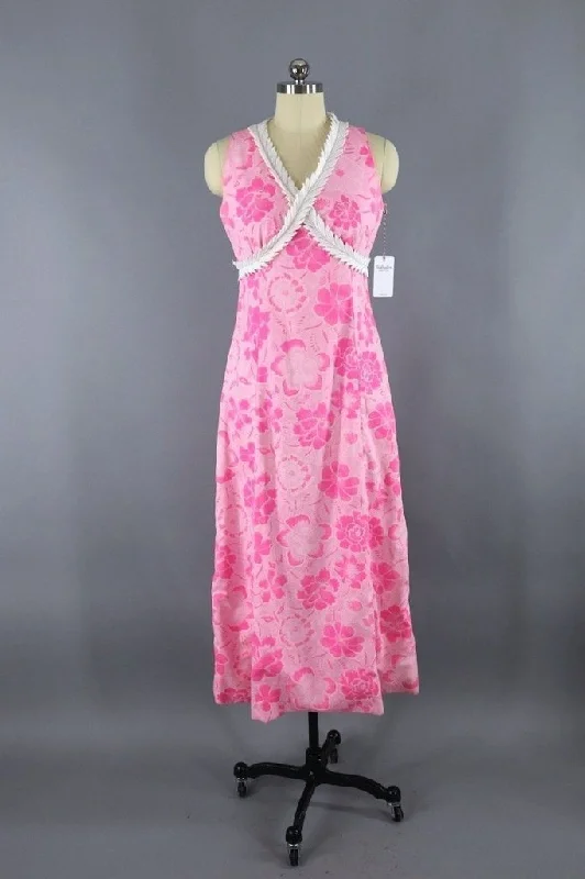 Vintage Pink Hawaiian Print Maxi Dress