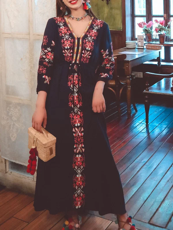 Women's Bohemian Embroidered Floral V Neck Long Sleeve Cotton Boho Maxi Dress