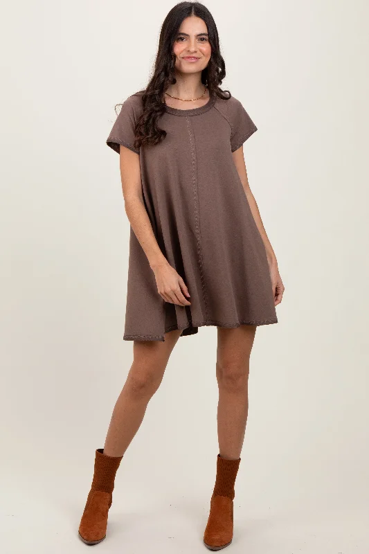 Brown French Terry Basic Short Sleeve Mini Dress