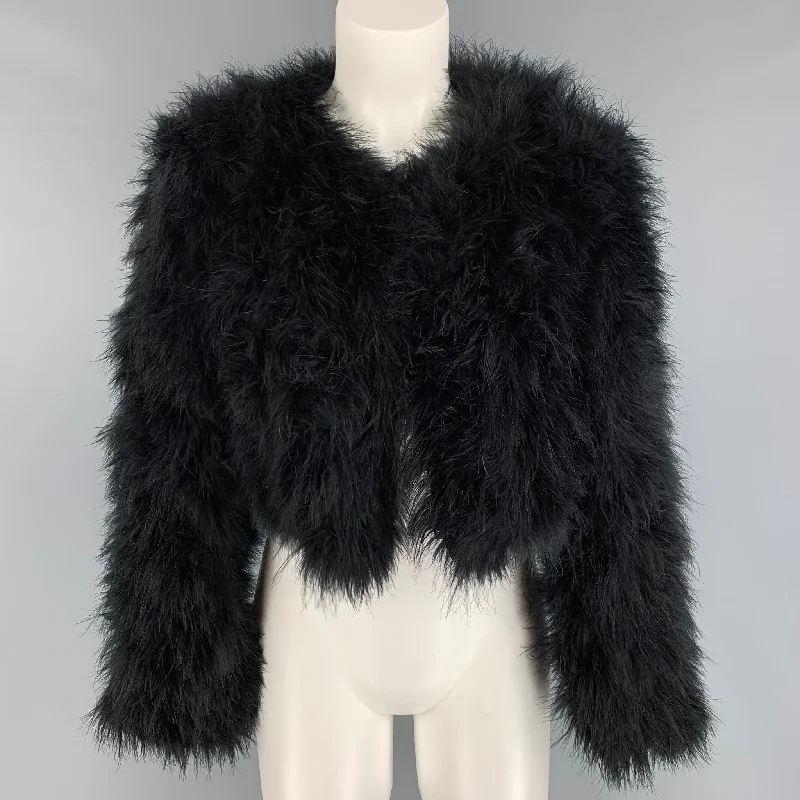 BUBISH Size M Black Polyester Feathers Cropped Jacket