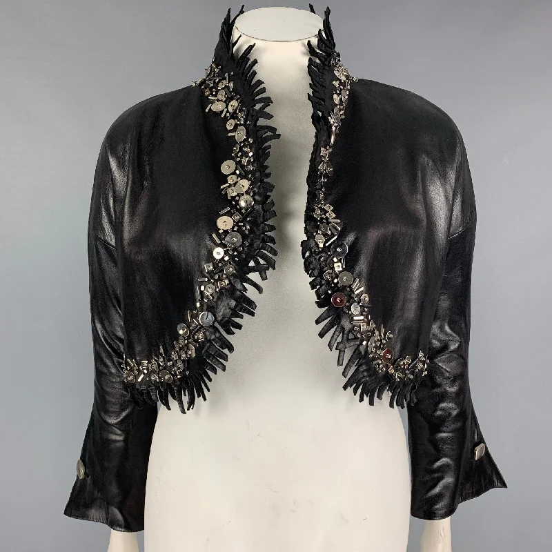 CLAUDE MONTANA Size 10 Black Leather Fringe Cropped Jacket