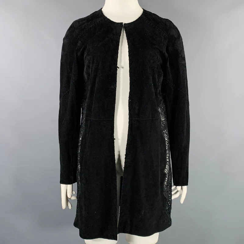 ELIE TAHARI Size L Black Lambskin Suede Hook Eye Closure Jacket