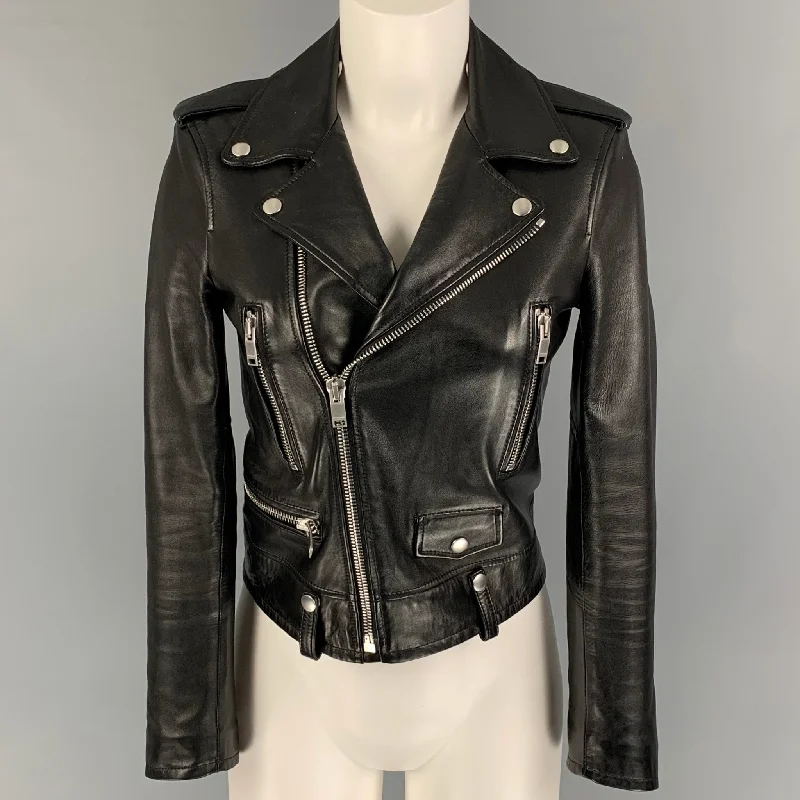 SAINT LAURENT Size 4 Black Lamb Skin Leather Biker Jacket