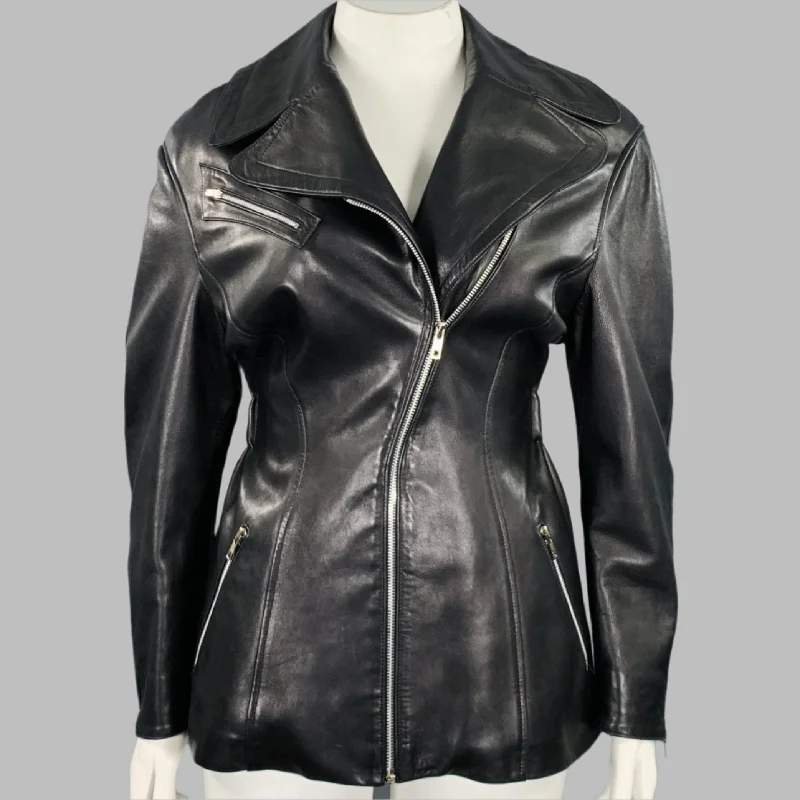 THIERRY MUGLER Size 10 Black Lambskin Leather Zip Up Jacket