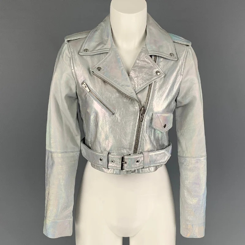 VEDA Size XS Silver Iridescent Metallic Leather Biker Cropped Jacket