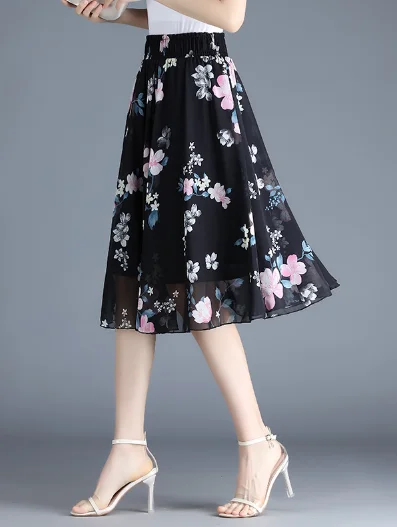 black cute chiffon Joker floral long waist A-line skirt