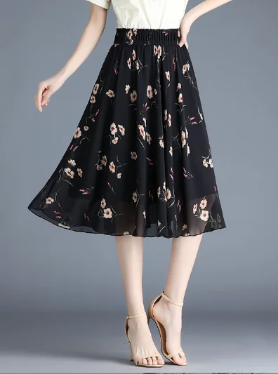 fashion chiffon Joker floral long thin waist A word skirt