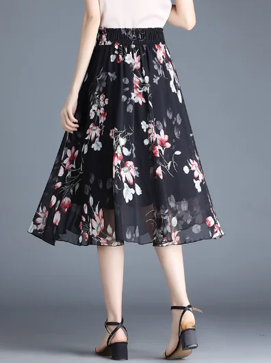 black print cute chiffon Joker floral long waist A-line skirt