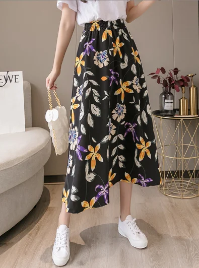 black wholesale high waist floral chiffon print skirt