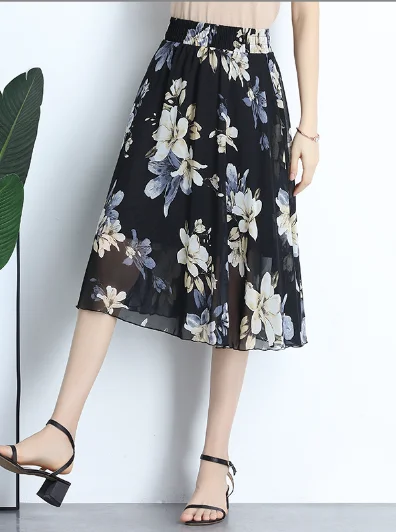 chiffon skirt women Joker floral long thin high waist A word skirt