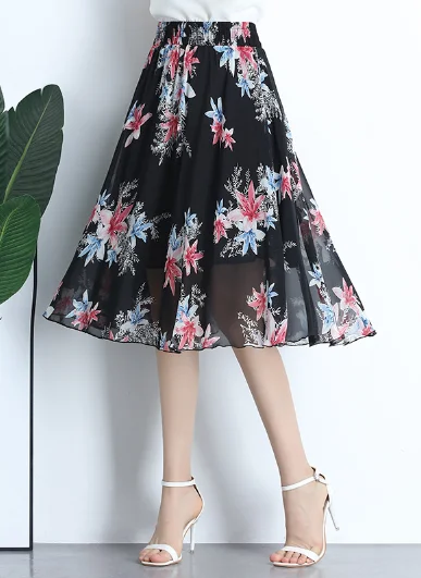 chiffon skirt women Joker floral long thin high waist A word skirt