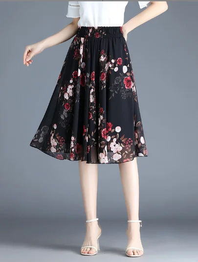 cute chiffon Joker floral long waist A-line skirt