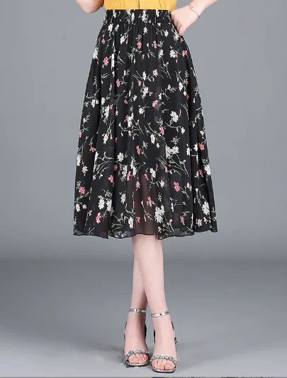 fashion chiffon Joker floral long thin waist A word skirt