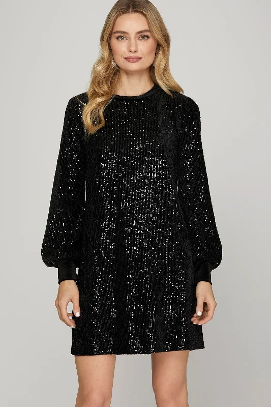 BLACK SEQUIN ROUND NECK VELVET CONTRAST MINI DRESS SSY7835