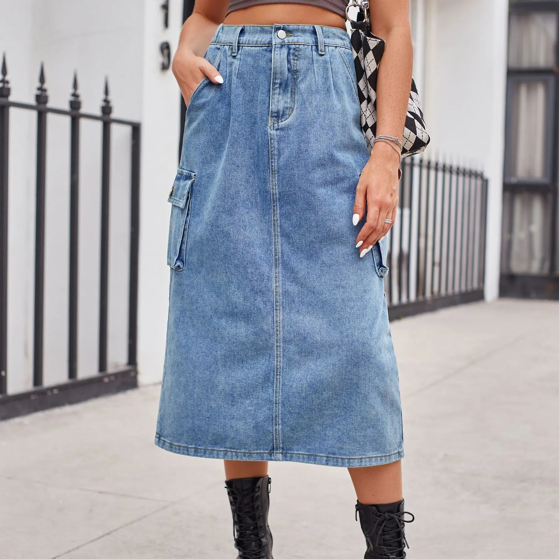 2024 Straight Long Denim High Waist Button Pockets Split Retro Maxi Skirt