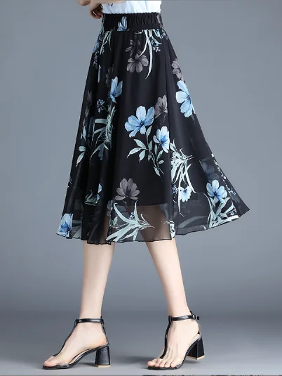 cute chiffon Joker floral long waist A-line skirt