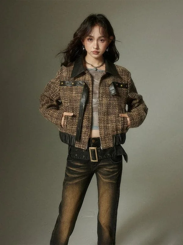 Fragrant Plaid Leather Jacket With Small Splicing