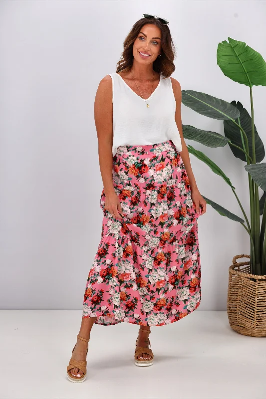 Gloss by Shine On Lucerne Tiered Maxi Skirt Pink Floral