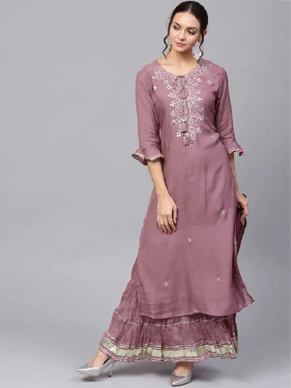 Women's Mauve Pink Rayon Kurta with Skirt by Ishin (2pcs Set)