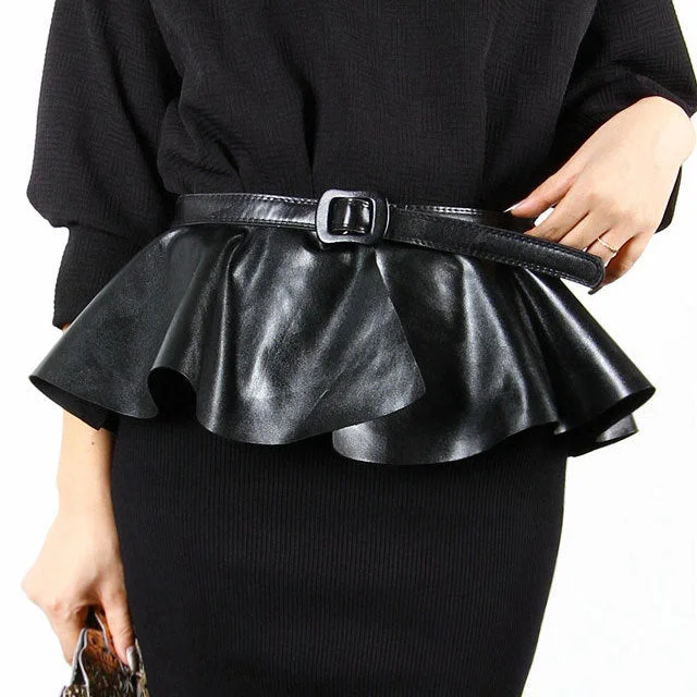 JASGOOD European and American style ruffled girdle black leather skirt belt women's skirt decoration ultra-wide short skirt belt