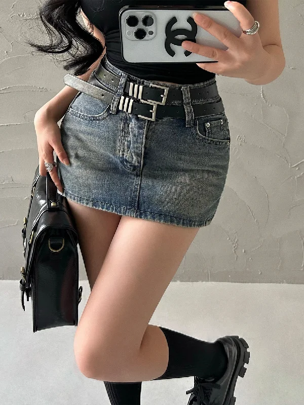 Latia Denim Blue High-waisted Double Belt Slim Jeans Mini Skirt