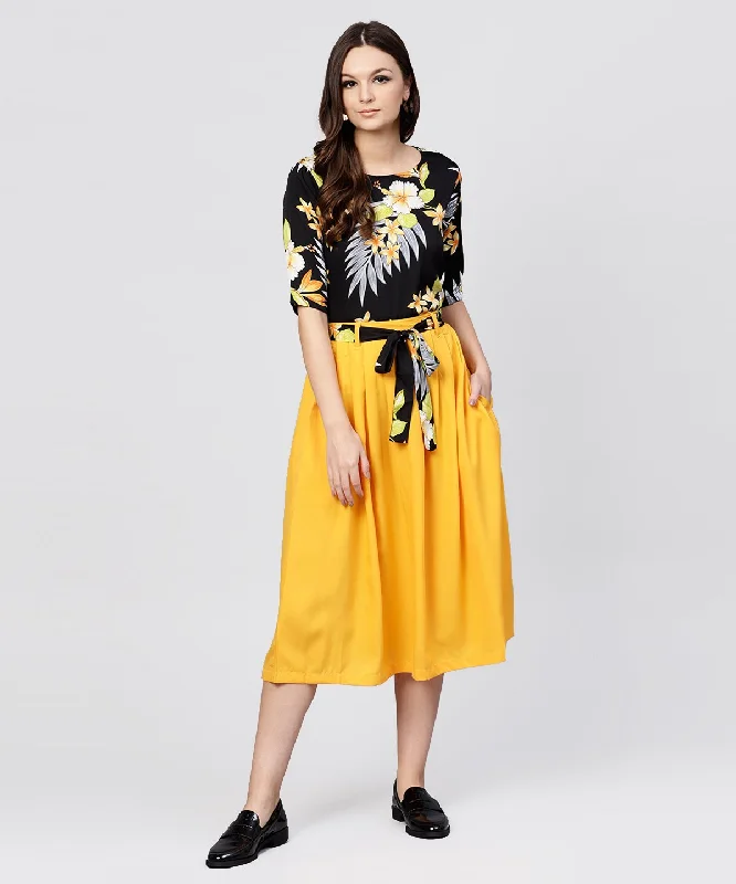 NOZ2TOZ Black Printed Half Sleeve Tops With Yellow Calf Length Skirt With Belt