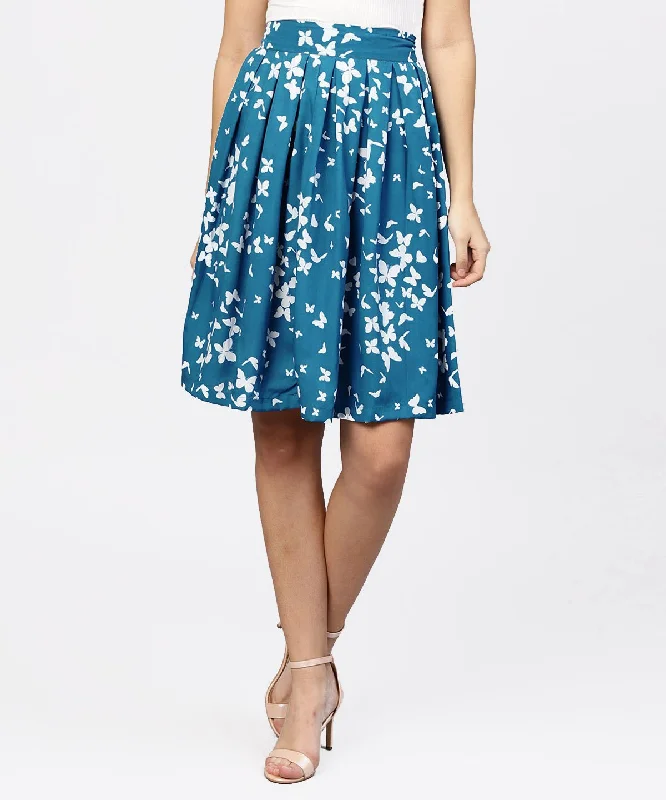 NOZ2TOZ Blue Butterfly Printed Box Pleated Skirt